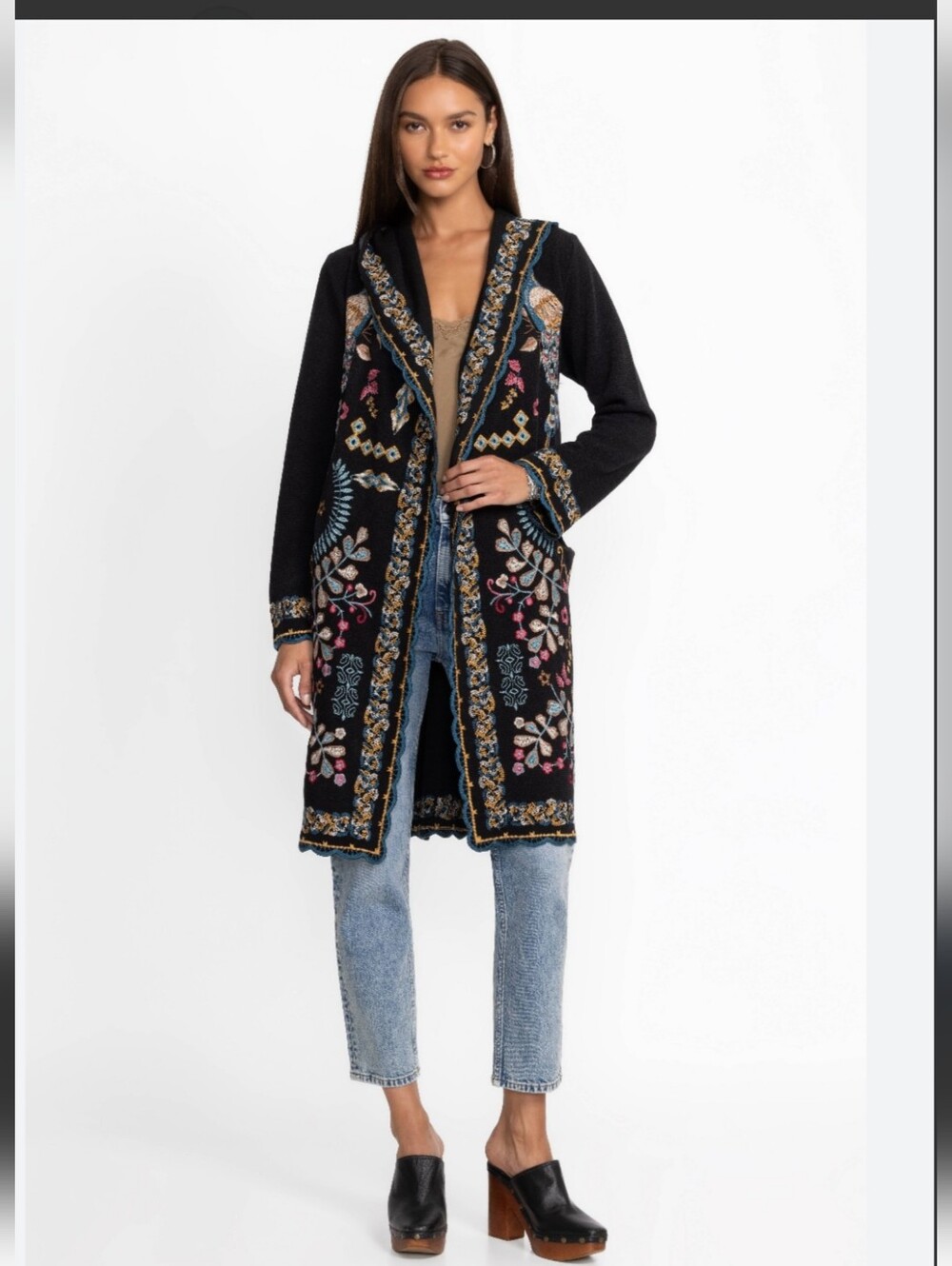 Johnny Was Biya Peacock Embroidered Sweater Coat Cardigan Duster Hooded M